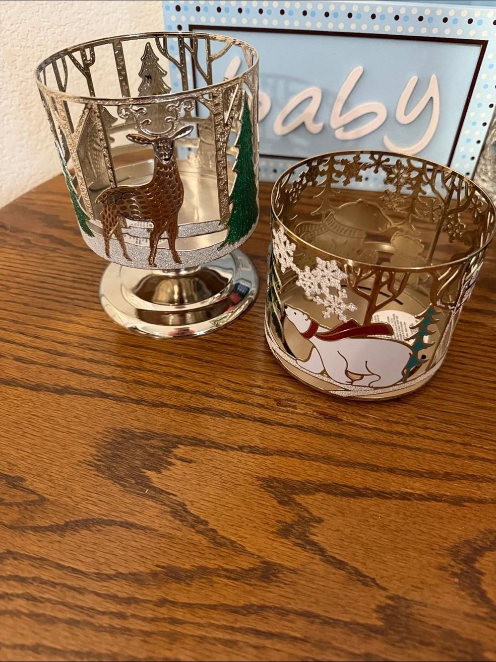 2 Festive Holiday Polar Bear and Tree Candle Holders - Silver and Gold